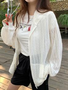 DAZY Women's Textured Long Sleeve Open Front Hooded Loose Sheer Casual Regular Jacket - White - View 1