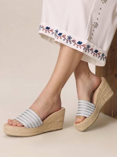 Styleloop Ladies Slope Heel Platform Sparkling Resort Beach Small Square Toe Sandals