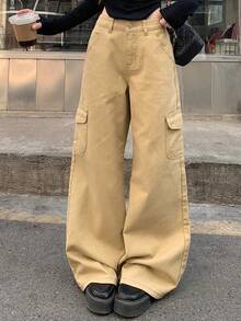 DAZY 女士口袋纽扣休闲百搭日常穿着阔腿牛仔裤 - 杏色 - 查看 1