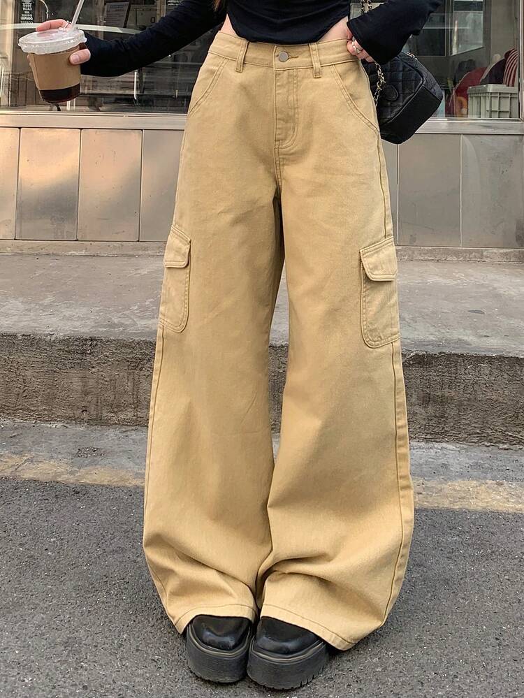 Women's Pocket Button Casual Versatile Daily Wear Wide Leg Jeans