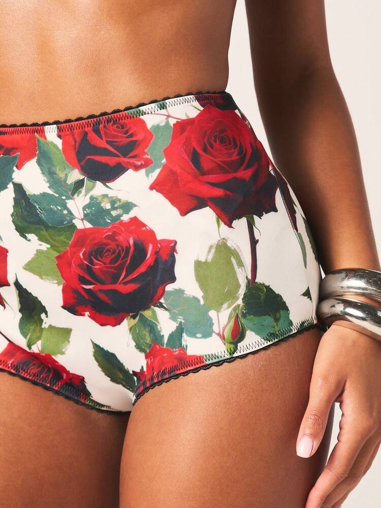 MISSGUIDED Women High Waisted Floral Print Hot Pants Scalloped Trim Rose Pattern Summer Beach Vacation Mini Shorts