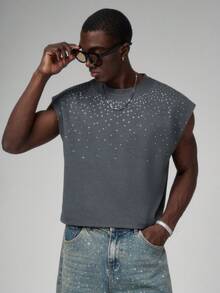 STYNVO Áo tank top nam cổ tròn, chất liệu dệt kim trơn, thoải mái, đính đá ngẫu nhiên, phù hợp cho các dịp thường ngày, công sở, kinh doanh, hẹn hò, giải trí, tiệc tùng, ăn tối. Có thể mặc riêng hoặc phối cùng trang phục thường ngày. Món quà tuyệt vời cho bạn bè. Áo thun không tay in hình, quần áo nam đính đá, áo thun nam dự tiệc. - Xám - Xem 3