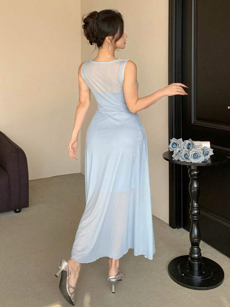 Women's Elegant Solid Color Sleeveless Midi Dress, Suitable For Spring And Summer