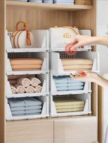 Stackable Plastic Storage Basket, Foldable Wardrobe Partition, Storage Box, Drawer Rack, Suitable For Storage Containers In Wardrobes, Cabinets, Kitchens, Bathrooms, And Offices - White - View 2