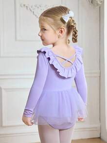 SHEIN Young Girls Clothes ' White Long Sleeve Ballet Leotard Dress, Cute, Christmas, Back To School - Purple - View 4