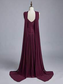 Elitara Elitara Elegant Burgundy Glossy Mesh V-Neck Ruched Super Flared A-Line Skirt (Detachable Hanging Chiffon Piece), Suitable For Dates, Singles Parties, Weddings, Events, Bridesmaid Dresses - Maroon - View 10