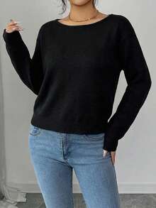 EURMUSE Women's Casual Solid Color Boat Neck Dropped Shoulder Sweater, Autumn/Winter - màu đen - Xem 3