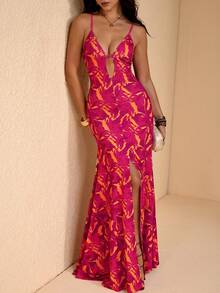 JIAN LASALA All-Over Print Knit Jersey Spaghetti Straps Low-V Neck Women Sleeveless Maxi Dress Summer - Red - View 7