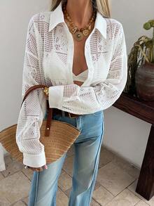 DAZY 女士宽松翻领镂空衬衫 - 白色 - 查看 3
