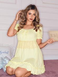 甜美可爱娃娃领蕾丝荷叶边浅黄色女士睡裙 - 黃色 - 查看 6