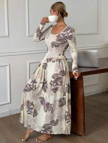 DAZY 女士度假风佩斯利印花收腰长款睡裙 - 杏色 - 查看 6