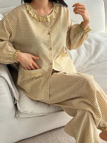 DAZY Spring Sweet Plaid Ruffle Trim Lantern Sleeve Women Pajama Set - Yellow - View 4