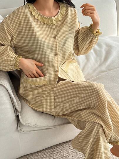 DAZY Spring Sweet Plaid Ruffle Trim Lantern Sleeve Women Pajama Set