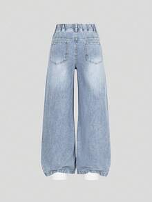 SHEIN Elladie kids 少女牛仔裤，春夏新款，四季皆宜，中度水洗牛仔蓝，心形刺绣，宽松阔腿，面料柔软舒适，适合日常穿着、上学、通勤、聚会等场合。 - 藍色 - 查看 3