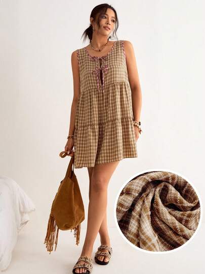 Freevana Plus Size Women's Tie Front Plaid Round Neck Sleeveless Ruffle Hem Casual Dress Gingham Dress Summer Casual Dress Black And White Gingham Dress Homecoming Dress Elegant Dresses For Party Party Dresses For Women , Suitable For Spring/Autumn, Vacation & Dating Cottage Core Dress Brown Summer Dress