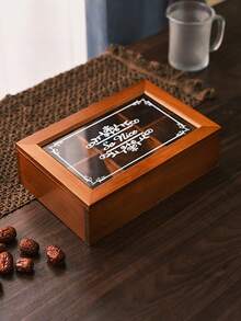 1 Pc Wooden 6-Compartment Desktop Storage Box, Clear Glass Flip Top Lid Organizer For Tea Bags, Coffee, Dried Fruits & Candy, Creative Home Decor Ornament - Black - View 4