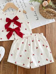 Emery Rose Kids Emery Rose Kids 两件套女童条纹圆领上衣和短裤套装 - 白色 - 查看 3