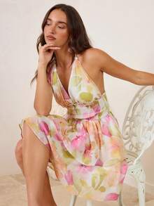 Enchnt 女士印花腰带双层荷叶边露背度假连衣裙 - 粉色 - 查看 1