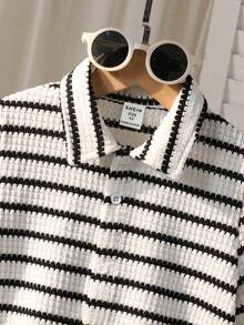 SHEIN Explorewe 男童条纹针织衫短裤两件套 - 黑色 - 查看 5