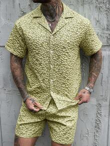 Manfinity CasualCool 男士花卉提花短袖衬衫短裤休闲套装，适合度假、夏季穿着，男士两件套夏季套装，男士短袖衬衫短裤套装，复古风格，日常休闲、周末旅行、远足旅行、轻松的工作环境，男友/丈夫礼物，周年纪念/生日礼物，派对、夏季假期、婚礼男士服装短裤套装 - 綠色 - 查看 4