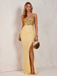 Glamine Suspended Backless High Waisted Sequin Patchwork High Slit Long Dress Dresses Graduation Summer Dress Burgundy Maxi Women Outfit - Yellow - View 3