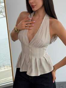 Aloruh Women's Apricot Casual Business Loose Waist Pleated Collar Halter Neck Top, Summer , Everyday Casual Commuting Top , Music Festival, Vacation Wear - Apricot - View 5