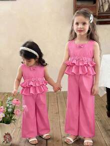 SHEIN Conjunto informal de blusa de manga de tapeta y pantalones de color magenta sólido tejido para niña preadolescente - Rosa - Ver 2