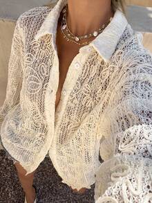 DAZY 纹理提花面料宽松长袖翻领休闲度假夏季女式衬衫 - 杏色 - 查看 7