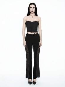 Glisette Women's Fashionable Sexy Black Velvet And Lace Patchwork Pants - Black - View 4