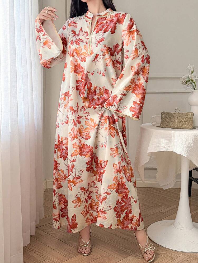 Women's V-Neck Maple Leaf Print Casual Party Dress Boho