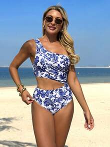Swim Lushoire New Arrival Summer Beach Vacation Sexy Elegant One-Piece Swimsuit For Women, Front Hollow Whole Piece Blue & White Printed Fabric One Shoulder Jumpsuit Swimwear - Multicolor - View 4