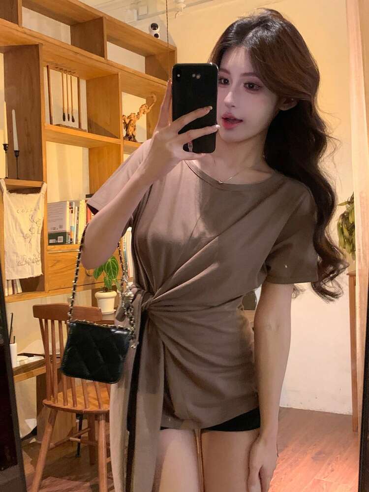 Women's Casual Solid Color Cinched Waist T-Shirt, Summer