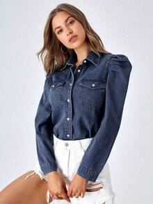 EMERY ROSE Plus Size Women's Single-Breasted Raglan Sleeve Casual Pocket Denim Shirt - Blue - View 3