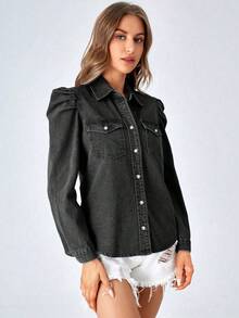 EMERY ROSE Plus Size Casual Washed Puff Sleeve Denim Blouse - Black - View 5