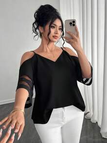 Elenzga Áo kiểu nữ cỡ lớn, chất liệu dệt kim, dáng suông, thích hợp mặc đi làm mùa xuân/hè, dây mảnh, trễ vai, tay lửng 3/4, phối lưới, màu đen. - màu đen - Xem 1