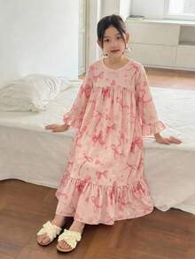 SHEIN Young Girl Knitted Round Neck Fitted Casual Nightgown Loungewear - Pink - View 3