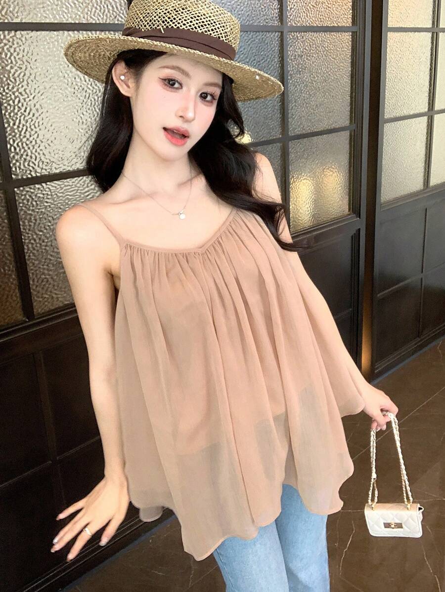 DAZY Women's Loose Chiffon Asymmetrical Hem Casual Summer Camisole Top - Apricot - View 1