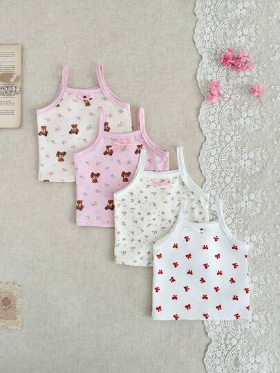 SHEIN 4pcs/Set Baby Girl Countryside Ditsy Floral Comfortable Fashionable Cute Tops, Spring/Summer