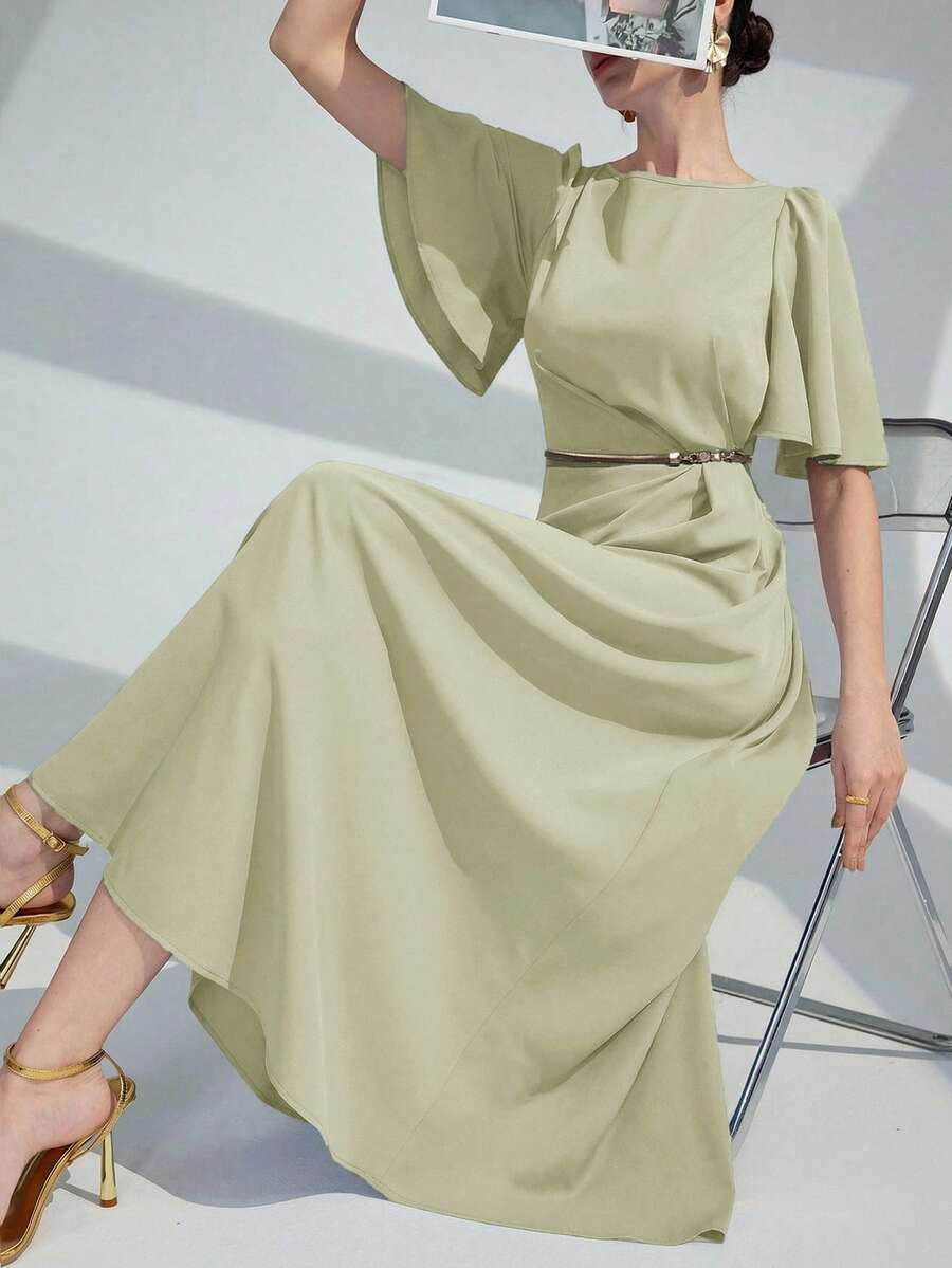 Modelyn Đầm dạ hội dài tay ngắn cổ tròn xếp nếp màu trơn dành cho nữ - màu xanh lá - Xem 1