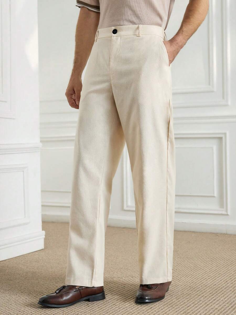 Officeau Men's Casual Linen Straight-Leg Pants For Men, Fashion Versatile Trousers, White Pants, Wide Leg, Dress Pants, Fall - Beige - View 1