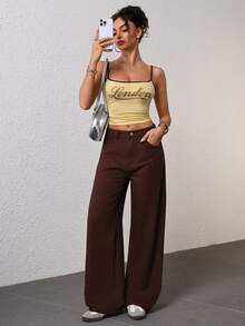 Jeanoix Women's Pocketed Wide Leg Loose Casual Versatile Jeans - Brown - View 6