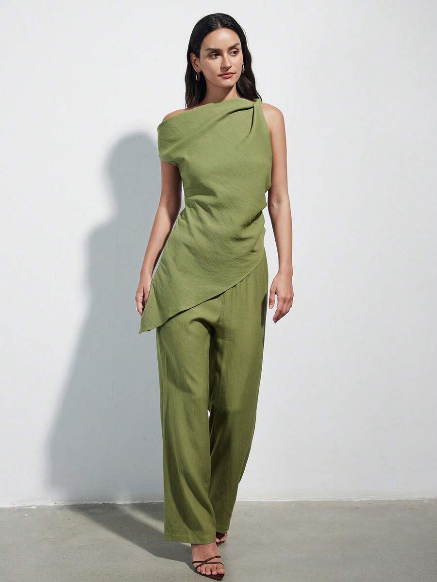 Aveloria Modichic Women's Elegant Olive Green Two-Piece Set Summer Faux Linen One Shoulder Ruched Knot Asymmetric Hem Tops & Wide Leg Pants Minimalist Brunch Outfits - Green - View 1