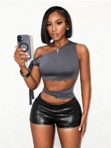 BamGleam Women's Grey Twist Cutout Shoulder Fitted T-Shirt,Summer Seksi Chic Night Out Club Solid Color Boho Plain Casual Spring Summer Holiday Vacation - Grey - View 1