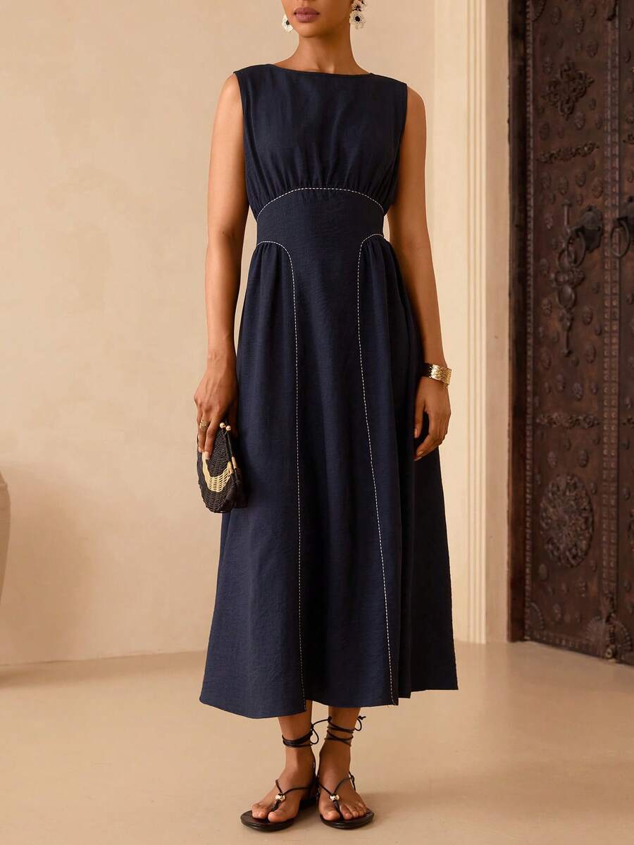 Vesra Navy Blue Embroidered Sleeveless Ruched Waist Elegant Dress For Women - Navy Blue - View 1