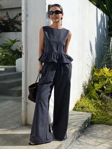 DAZY 少女条纹荷叶边无袖衬衫和裤子套装 - 藏蓝色 - 查看 1