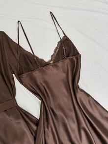 SilkySpell 四件套：刺绣V领仿丝吊带睡裙+吊带背心和短裤+睡袍 - 咖啡棕 - 查看 5