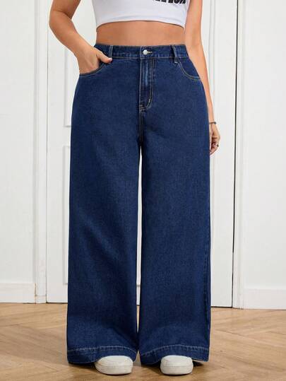 SHEIN Tall CURVE Jeans casuales y versátiles de talla grande para mujer con bolsillos y pierna acampanada