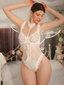 DelicateAllure Bộ jumpsuit nội y lãng mạn dành cho nữ, phối ren trắng, lưới, đan chéo, xuyên thấu, viền bèo nhún. - trắng - Xem 4