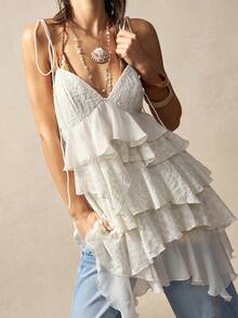 Bohemela Women's Summer Leisure Vacation Romantic Elegance French Beach Bohemian Country Music Festival Western Retro Paisley Lace Layered Ruffles Irregular Hem Mini Dress, Summer Outfits For Women,Free And Relaxed Style Of Dressing,Beach Outfit,Summer Vacation Outfits, Party Outfit - Apricot - View 1