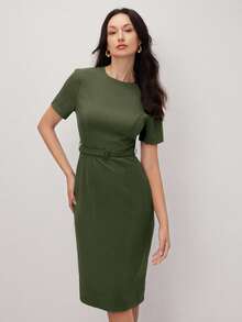 BizChic 女士短袖中长连衣裙，都市通勤商务优雅夏季款 - 軍綠色 - 查看 9